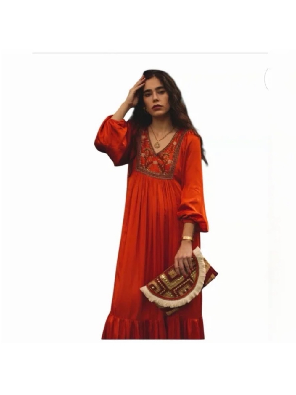 Ex - Voto Embroidered Chili Maxi Dress with Balloon Sleeves